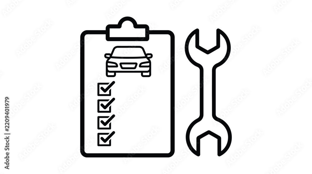 Fototapeta premium Car maintenance checklist icon with wrench in outline and solid vector