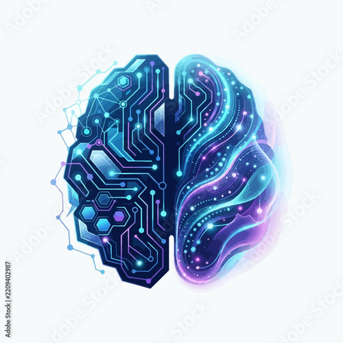 Digital brain illustration with circuits and abstract waves  
