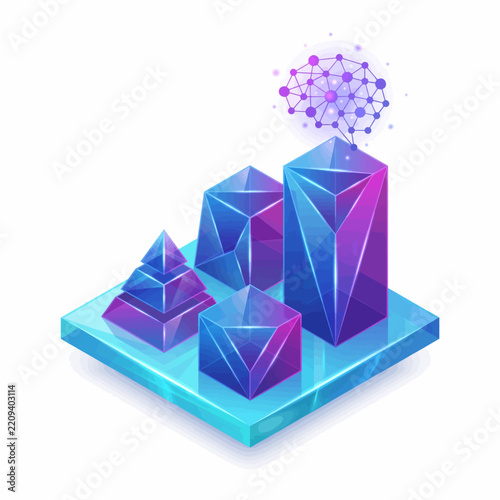 Geometric shapes with digital network illustration for  AI data analytics  
