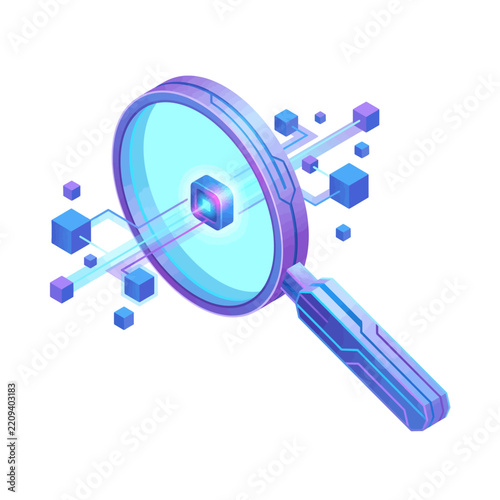 AI Search Magnifying glass analyzing data with cubes in modern style  