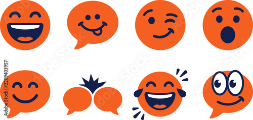 Orange Emoji Face Expression Vector Set, Happy Emoticon, Speech Bubble Chat and Social Media Reaction