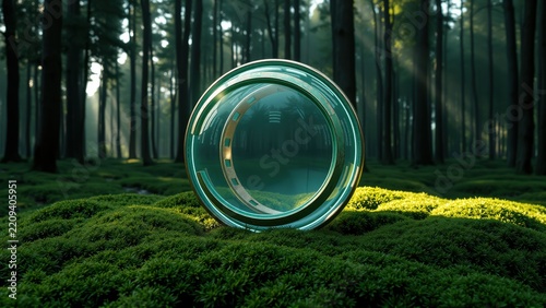 Forest scene features glowing circular object resting upon vibrant green moss. Light rays penetrate dense trees creating dramatic effect.