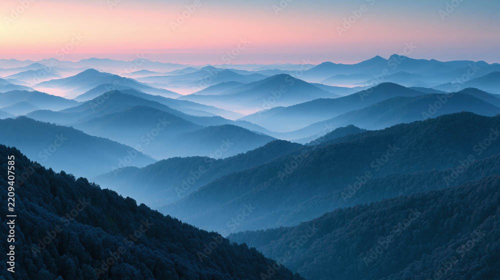 Fototapeta premium Misty mountain range layers with soft blue tones during early sunrise