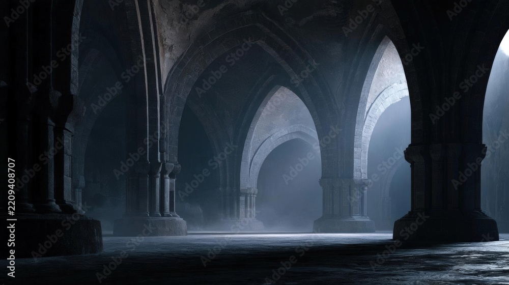 Fototapeta premium Dark and eerie scene of an old, abandoned building with arches and pillars. the arches are made of stone and are supported by columns on either side.