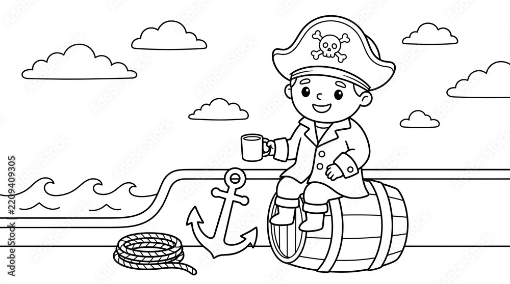 Fototapeta premium Cartoon pirate boy sitting on a barrel