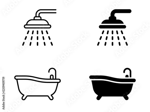 Bathroom shower head and bathtub vector icon design set with bathroom
