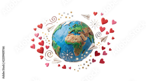 Colorful Earth Surrounded by Paper Airplanes and Heart Symbols for Global Love, 3D style , isolated on transparent background