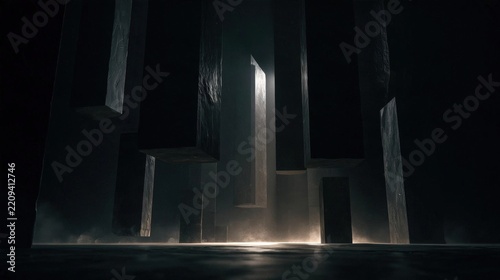 Dark and eerie scene with a dark background. in the center of the image, there is a large, rectangular structure that appears to be made up of multiple pillars or columns.