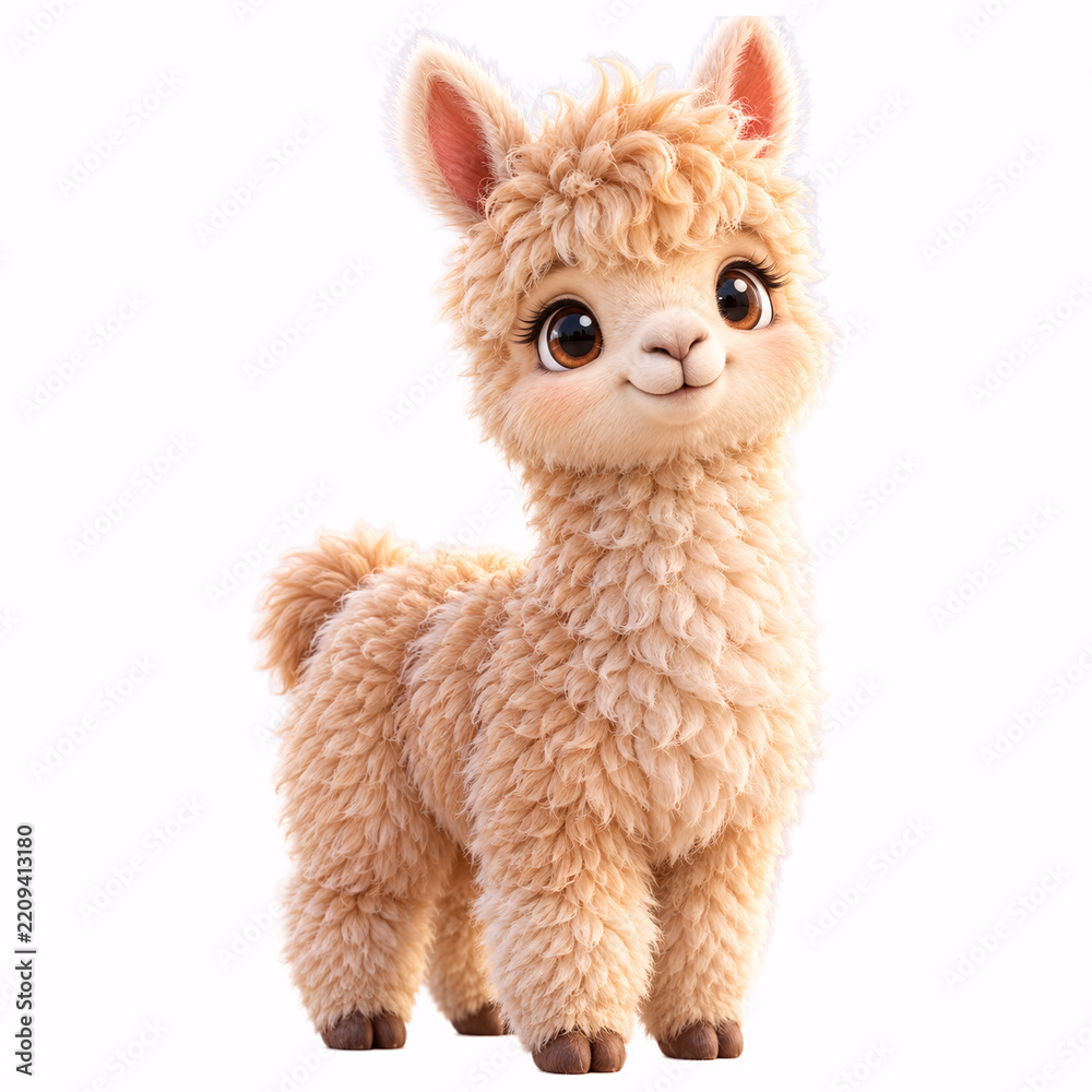 Obraz premium Cute Fluffy Alpaca Character 3D CGI Render Isolated on White Background with Soft Cream Wool and Friendly Expression