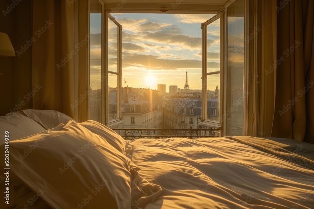 Fototapeta premium Stunning paris landscape window room furniture.