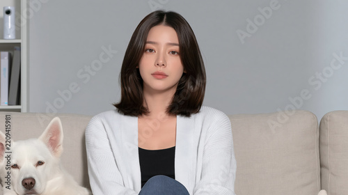 Woman glancing beside white dog on beige sofa in modern living room, conveying calm companionship and quiet domestic comfort indoors