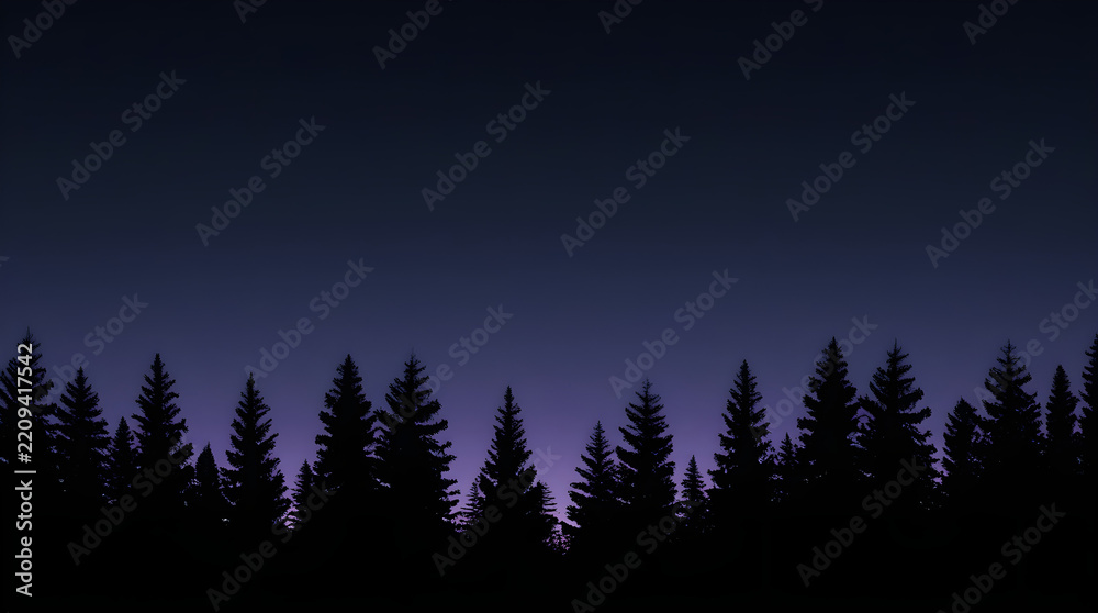 Fototapeta premium Dark pine tree forest silhouette against a starry night twilight sky with silhouette
