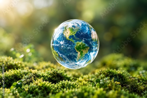 Earth globe reflection floating above lush green moss covered surface
