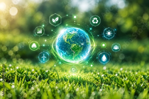 Digital illustration showing global sustainability concepts with interconnected icons representing eco initiatives