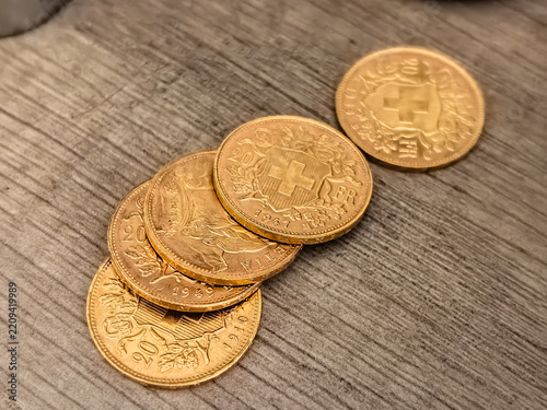 Swiss 20 Francs Gold Vreneli Coins in a Row