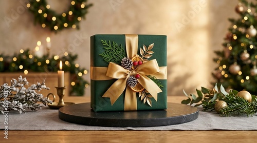 Elegant Green Christmas Gift Box with Gold Ribbon and Natural Decorations in a Cozy Festive Setting