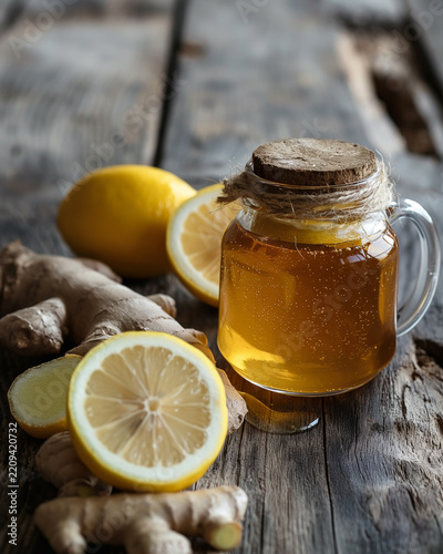 Rustic honey lemon ginger infusion in glass mug with natural wellness ingredients on weathered wooden table