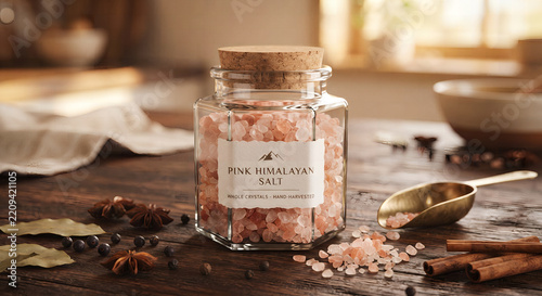 Glass jar filled with pink himalayan salt and wooden scoop on rustic wooden table.