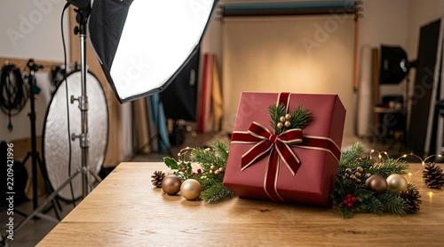 Professional Photography Studio Setup Featuring a Red Christmas Gift Box with Holiday Decorations