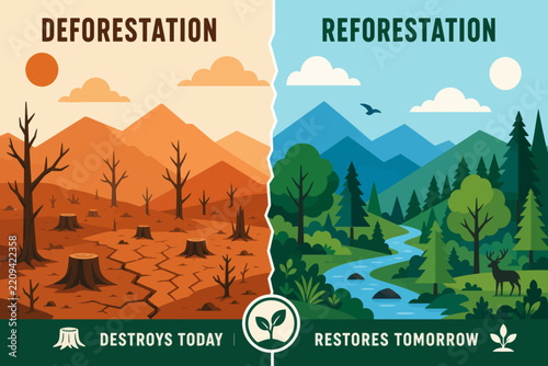 Comparative Illustration Showing the Environmental Contrast Between Forest Destruction and Nature Conservation Efforts