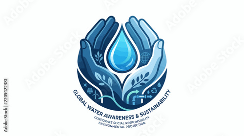Global Water Conservation and Sustainability Concept Featuring Cupped Hands Protecting a Blue Drop and Environmental Symbols