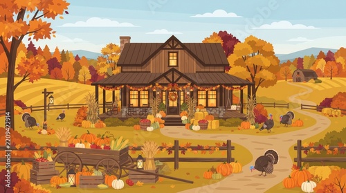 Cozy country house decorated with pumpkins and autumn leaves in a beautiful fall landscape with golden trees
