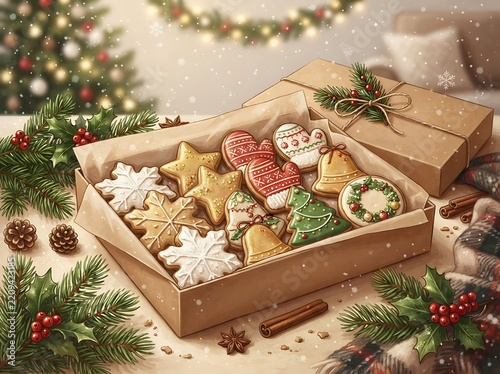 Festive Christmas cookies arranged in an open box surrounded by pine branches and holly berries, perfect for holiday celebrations.