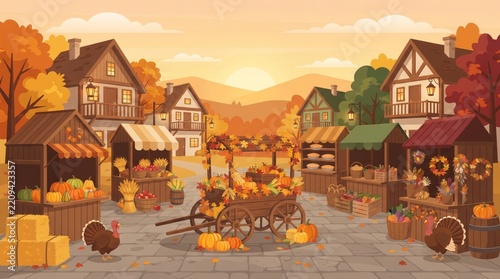 Charming autumn farmers market in a quaint village with wooden stalls pumpkins and fall foliage at sunset