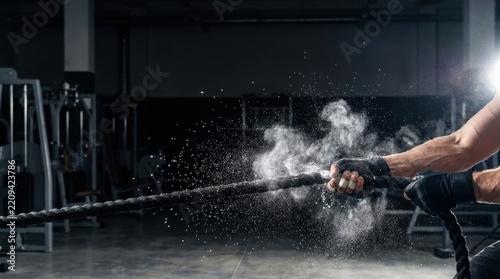 Close up on muscular hands gripping a thick rope chalk dust exploding in gym hyrox