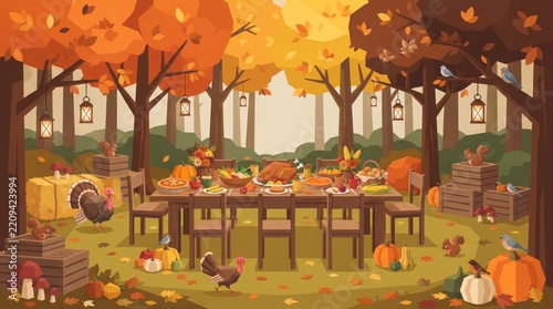 Festive thanksgiving dinner table set outdoors in a beautiful autumn forest with fall foliage and pumpkins