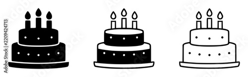 Set of three minimalist birthday cake icons arranged horiz set with simple line art design featuring line art, illustrations, graphic resources with vector and design elements