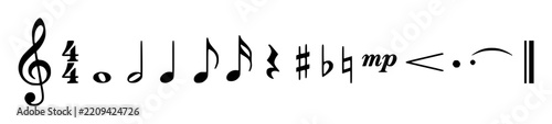 Minimalist vector illustration of various musical symbols set with simple line art design featuring simple design, minimalist, black and white with illustrations and graphics