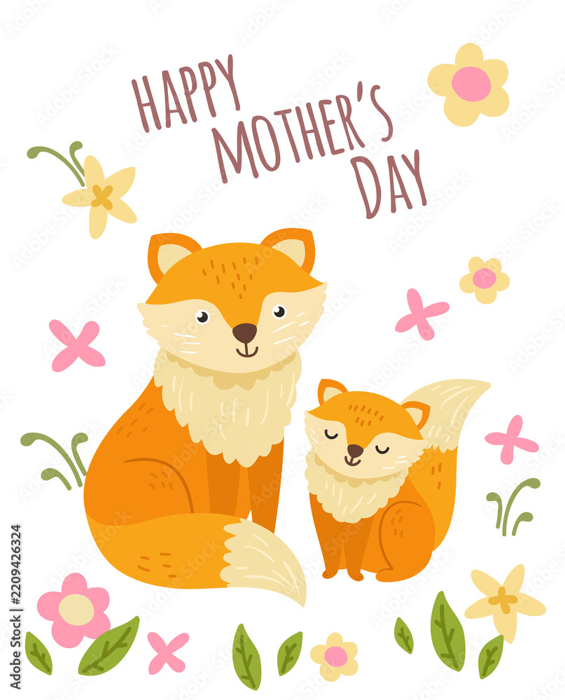 Obraz premium Cute foxes mom and baby on happy mother day card