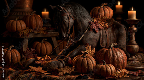 Dark wooden carved horse figurine surrounded by autumn pumpkins and glowing candles in warm lighting