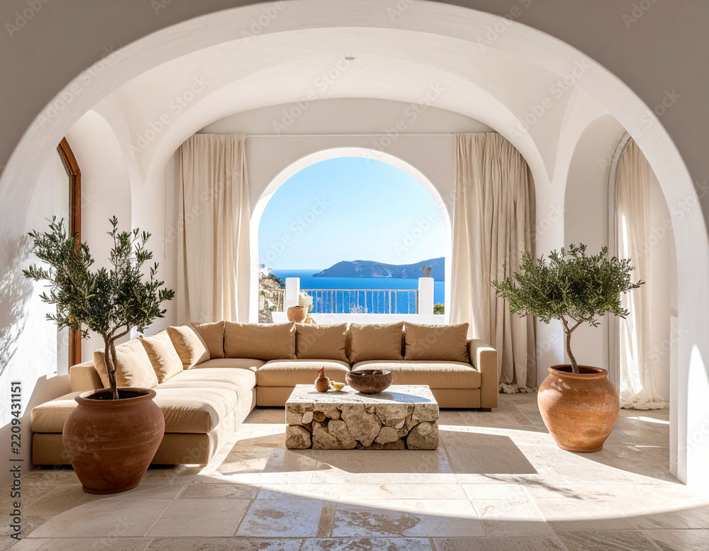 Fototapeta premium A serene Mediterranean living room with vaulted arches overlooks a shimmering blue sea. This tranquil, sundrenched interior features elegant decor and no people, evoking coastal luxury living.