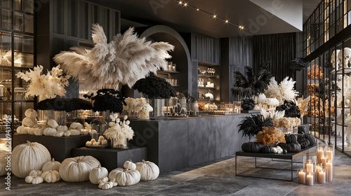 Dark moody floral shop interior featuring black and white pumpkins dried arrangements glowing candles