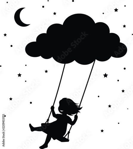 A silhouette of a girl swinging from a cloud under a crescent moon