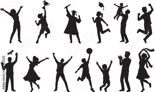Collection of silhouettes depicting people jumping and celebrating joyful moments