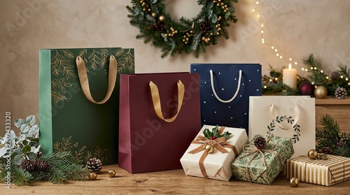 Elegant Festive Christmas Shopping Bags and Wrapped Gift Boxes on a Wooden Table with Holiday Decor