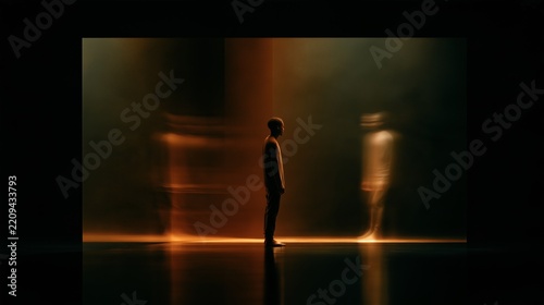 Solitary Black man stands before a large mirror in a dark space with his reflection captured momentarily ahead of him