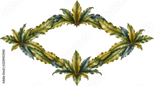 Leaf Frame in Diamond Shape with Watercolor Botanical Foliage