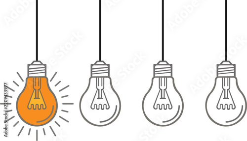 Four light bulbs hanging from above, one glowing orange and three unlit, concept of innovation and bright ideas vector