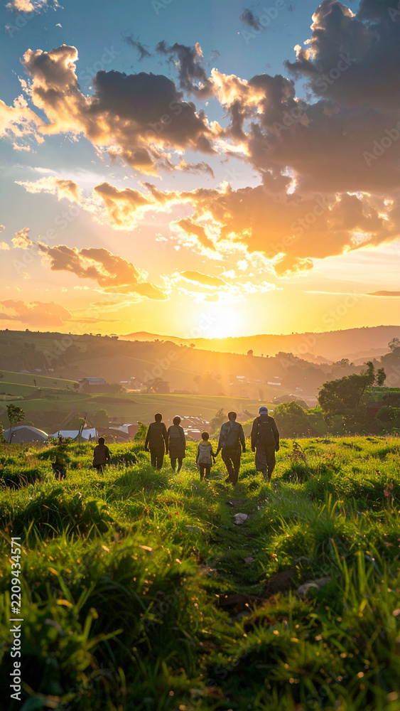 Obraz premium A family walks through a golden field towards the horizon at sunset, symbolizing hope, togetherness, and exploration. This evocative landscape inspires a sense of peaceful journey and freedom.