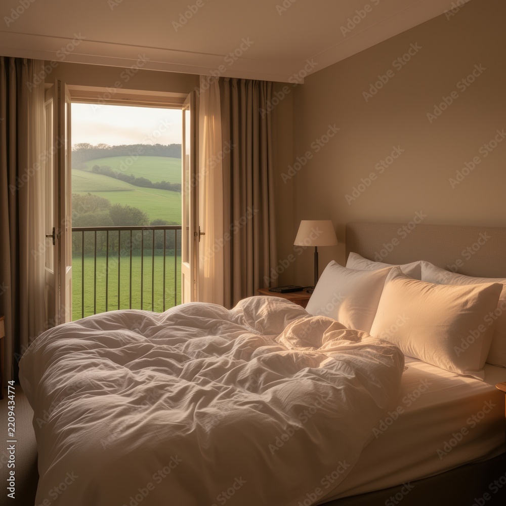 Fototapeta premium Bedroom with open window overlooking green countryside