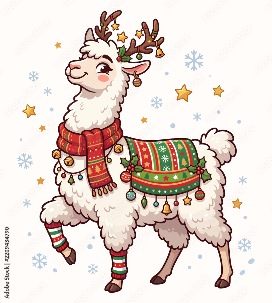 Obraz premium Cute Christmas Llama Wearing A Festive Scarf And Blanket With Reindeer Antlers Decorated With Ornaments And Stars Surrounded By Falling Snowflakes For A Joyful Holiday Season Greeting Card Design