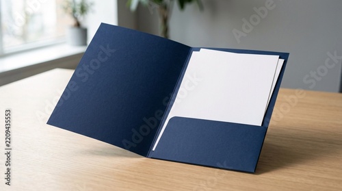 Dark blue open presentation folder mockup with blank white paper on a wooden desk in a modern office interior