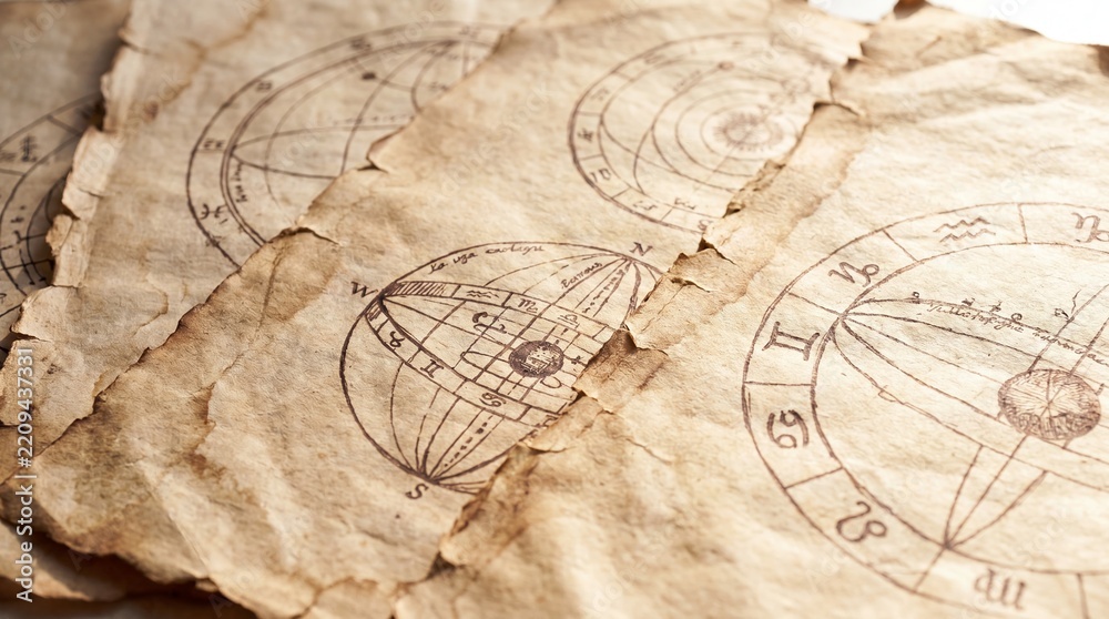 Obraz premium Astrological zodiac charts drawn on aged parchment. Antique celestial diagrams and horoscope symbols. Astrology, divination and birth chart concept. Esoteric study and occult symbolism.