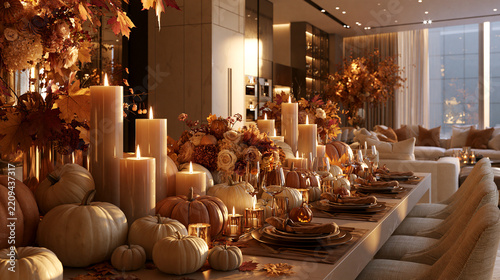 Elegant autumn dining table decorated with glowing candles and white pumpkins for harvest celebration