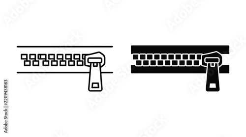 Zipper vector icon set featuring outline and solid styles for clothing