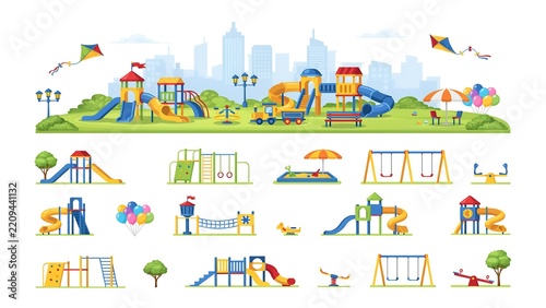 Flat Vector Illustration Set of Children Playground Equipment and Park Amenities for Urban Recreation Area Design